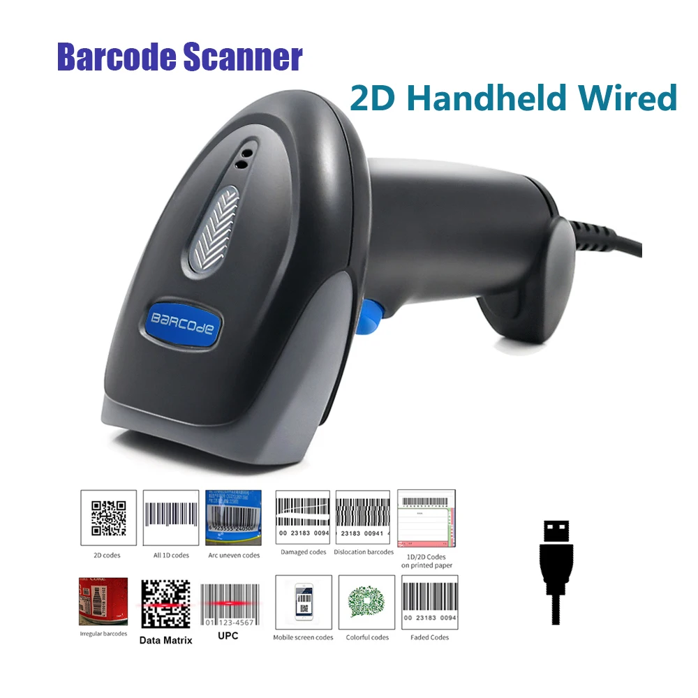 

Barcode Scanner 1D 2D QR Wired Handheld Data Matrix PDF417 Bar code Reader USB High-speed Portable for Store Supermarket Payment