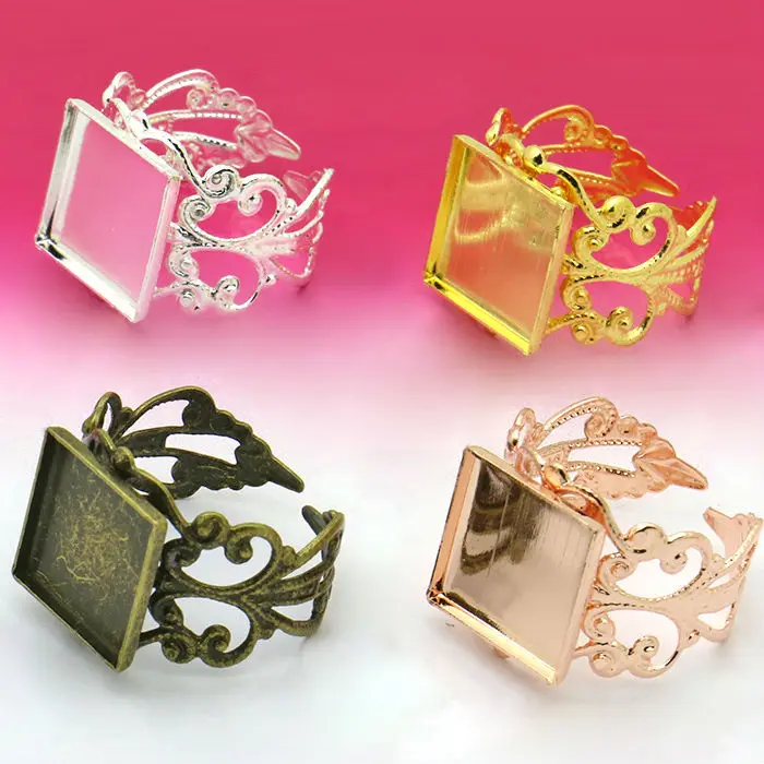

10pcs 12mm Ring Settings Cabochon Base Square Bezel Tray Blank for Cabochon Cameo DIY Fashion Rings Adjustable Ring Base