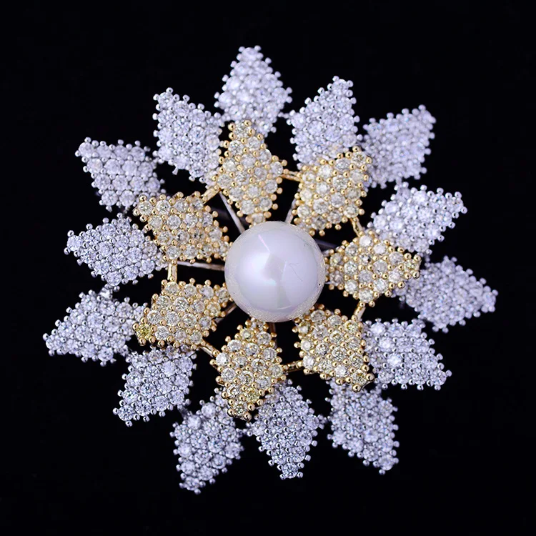 Korean Version Two-color Gold Clothing Accessories Inlaid Zircon Sun Flower Brooch Imitation Pearl Brooch Pin Wholesale