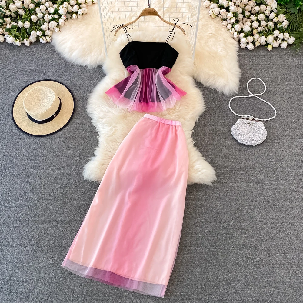 

2022Seaside Vacation Fashion Suit Female Celebrity Temperament Color Matching Suspender Top Two-piece High Waist Gradient Skirt