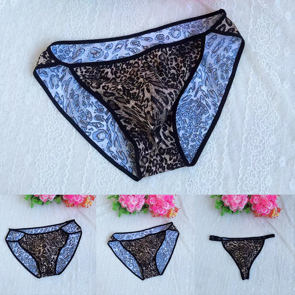 

Sexy Men Leopard Pouch G String Bikini Briefs Thongs Underwear Panties Underpants Transparent Net Mesh Breathable Briefs New