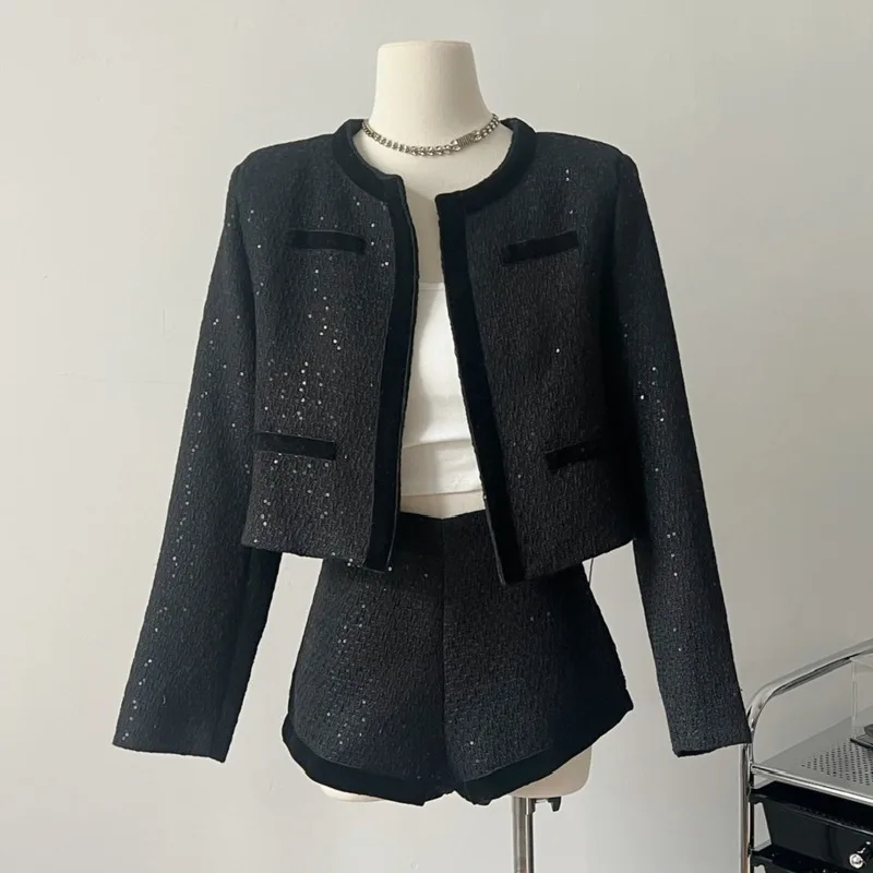 

High Quality French Small Fragrance Tweed 2 Piece Set Women Jacket Coat + Short Sets High Street Fashion Y2K Two Piece Pant Sets