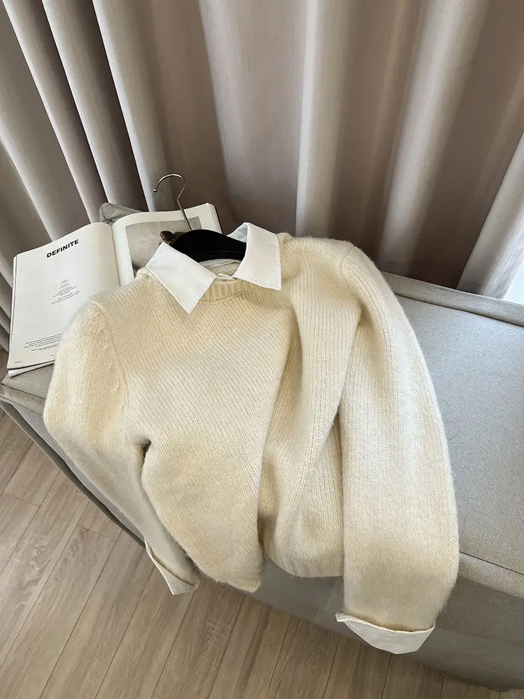 Moyi Yixiu вязаный свитер осенняя рубашка из двух предметов новый стиль контрастный