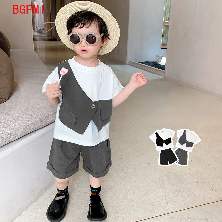 

Baby Boys Clothing Summer suit 2022 Splicing Fake vest Short Sleeve T-Shirt + Shorts Two piece set Casual wear Costumes for kids
