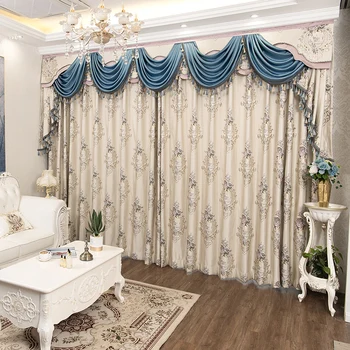 Custom curtain European floor-to-ceiling luxury head bedroom jacquard beige cloth blackout curtain tulle valance drape C1094