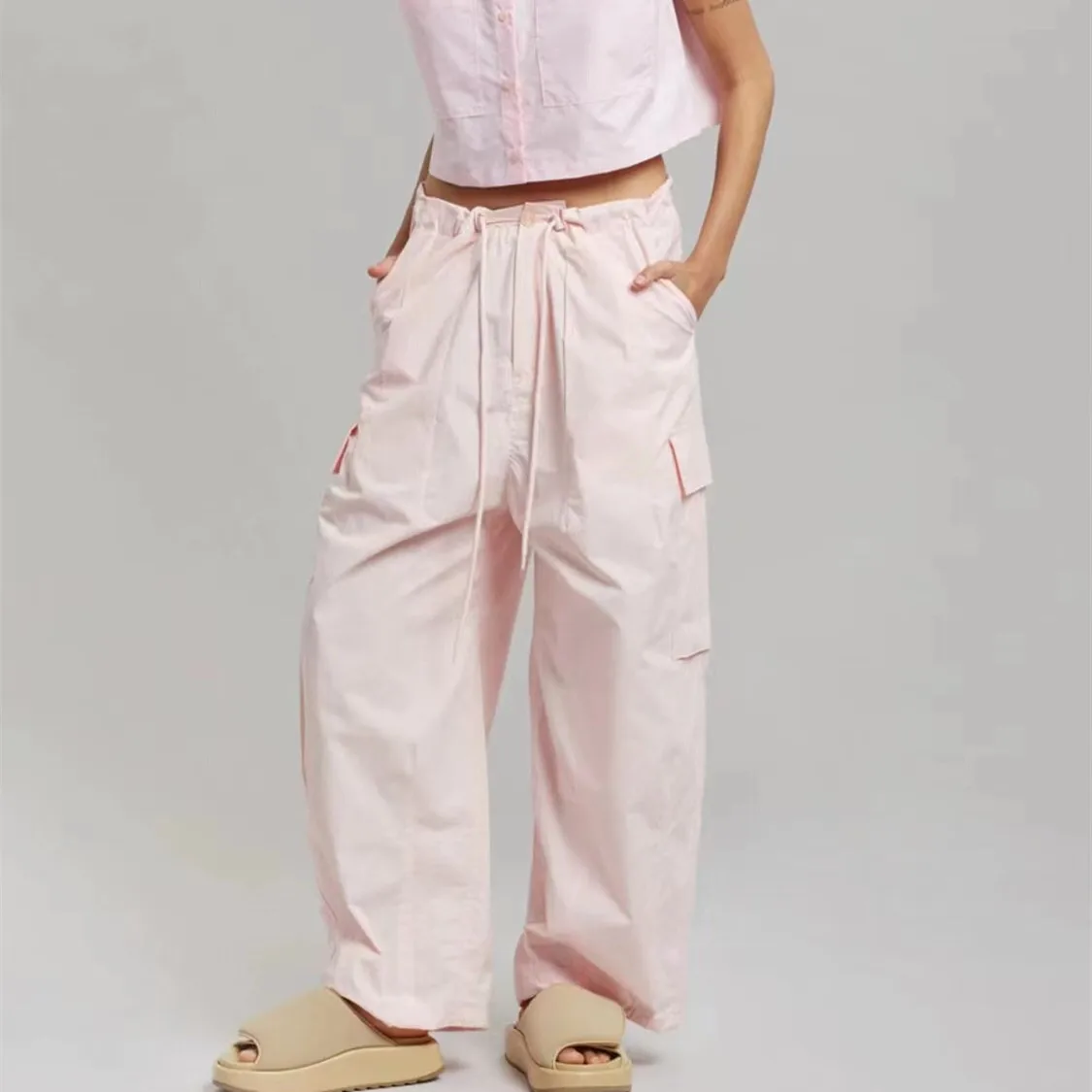 New Female Fashion Straight Casual Wide Leg Pants Waist Drawstring Hip Hop Workwear Cargo Pockets Trousers for Women