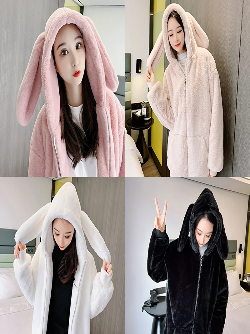 Winter New Faux Rabbit Fur Plush Coat Female Thickened Fleece Hooded Fur Cute Fashion Fur Coat