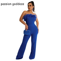 2022 summer off the shoulder strapless solid feathers rompers women sexy jumpsuit backless casual straight pants female outfits