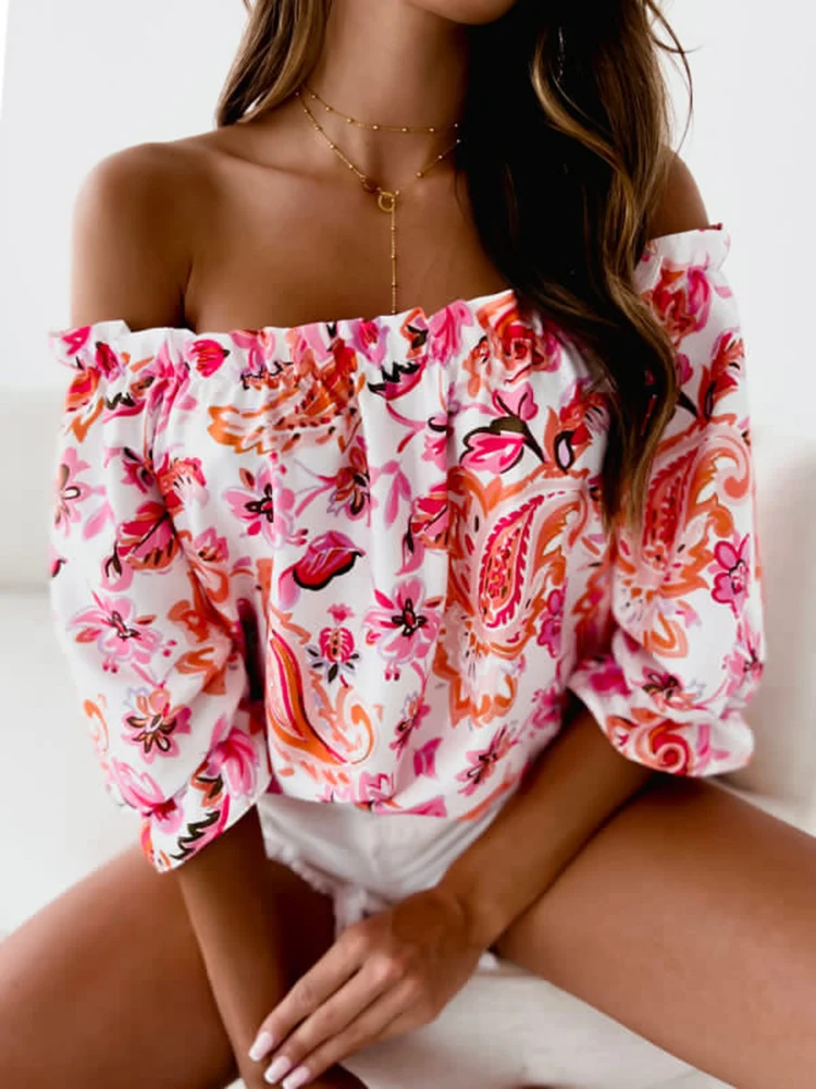 

Sexy Slash Neck Off Shoulder Shirts 2022 Summer Autumn New Print Half Sleeve Tops Blouse Ladies Casual Elasticity Loose Pullover