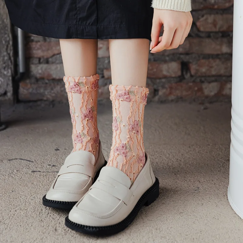 4 Pairs/Lot Orange Sweet Retro Women Socks Floral Pattern Fashion Cute Socks High Quality Cozy Breathable Female Cotton Socks