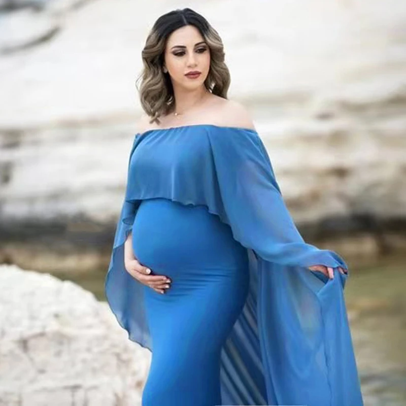 

Cute Long Maternity Dress Cloak Chiffon Shoulderless Pregnancy Dress for Photo Shoot Women Pregnant Maxi Gown Photography Prop