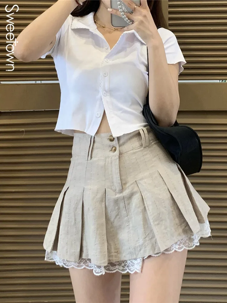 Sweetown moda coreana khaki saia curta guarnição do laço bonito plissado saias das mulheres estilo preppy botão acima de cintura alta saia de verão