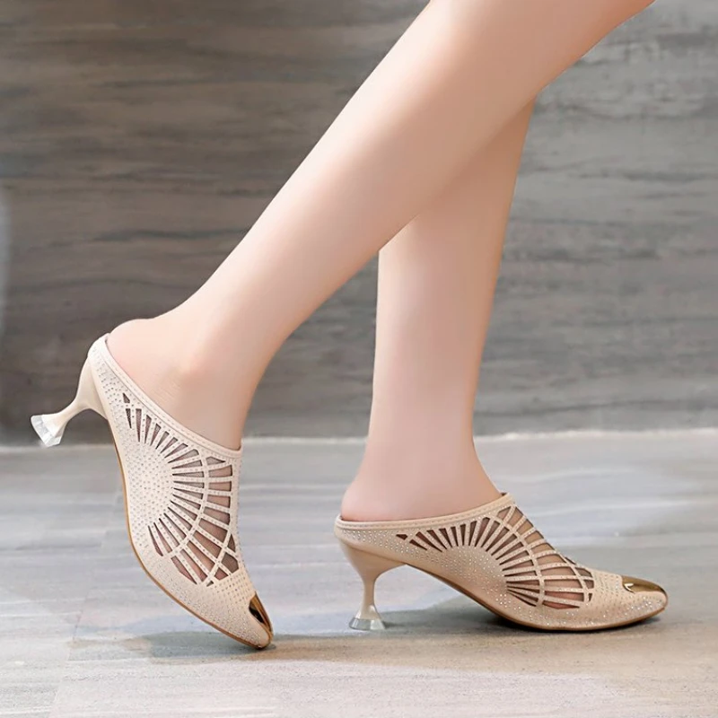 

Summer Heels for Women Hollow Mesh Fashion Sexy Pointed Toe Ladies Single Shoes 2023 Woman Wedges Black Sandals Zapatos De Mujer
