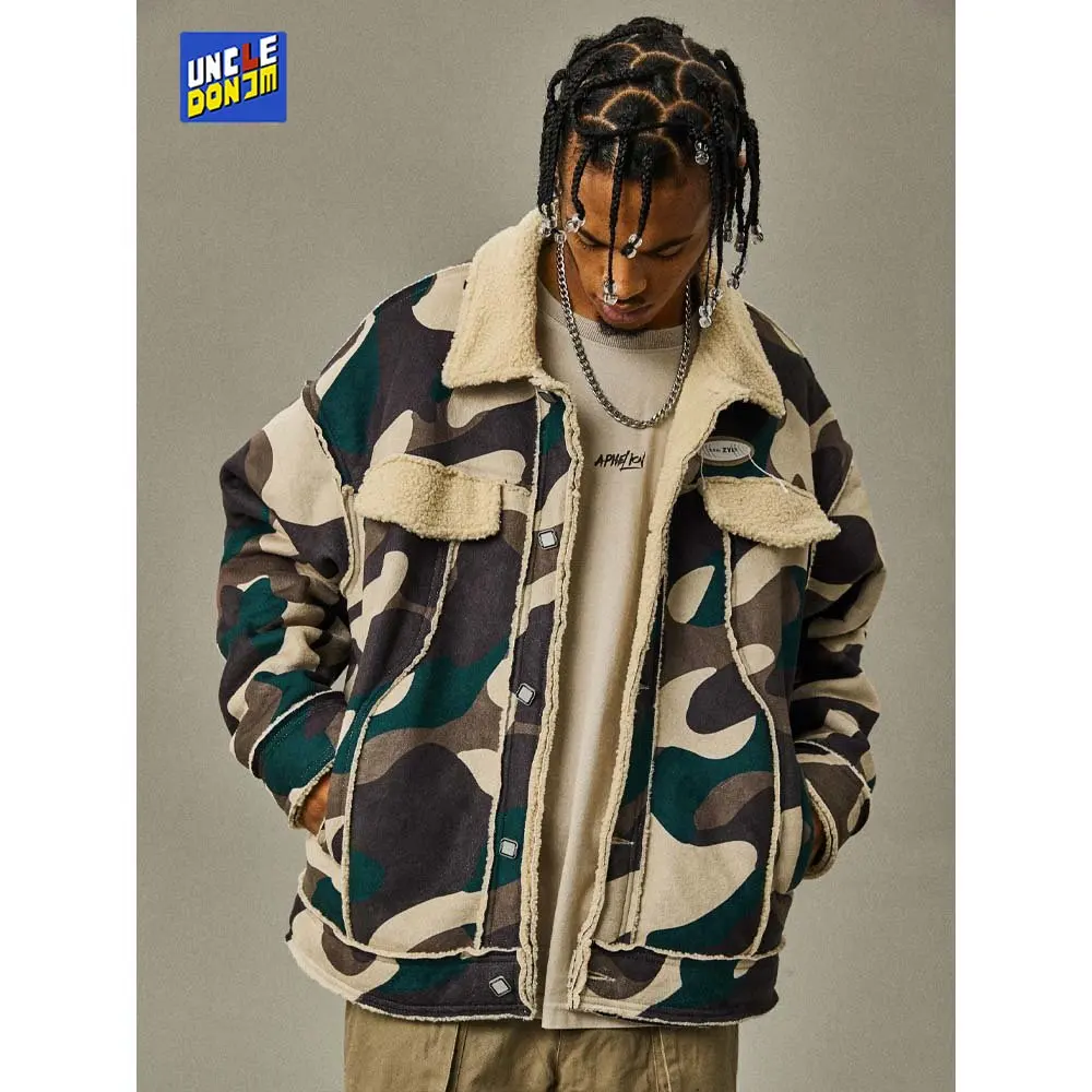 

Camouflage lamb wool jacket men's cotton jacket with fleece and thick motorcycle jacket Cashmere coats men kanyewest jacket