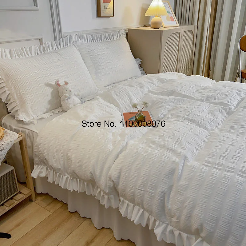 

Комплект постельного белья Seersucker с пододеяльником и оборками, Королевский двуспальный комплект белья белого цвета, housse de couette, односпальная...