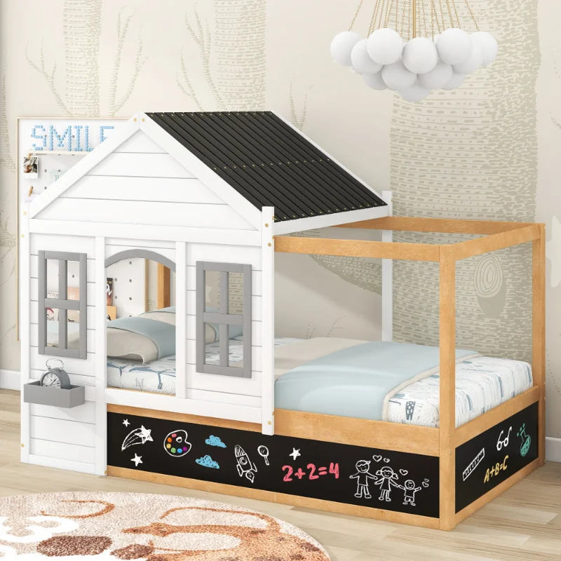 

[Flash Deal]Twin Size House Shaped Canopy Bed with Black Roof and White Window Blackboard and Little Shelf White[US Stock]