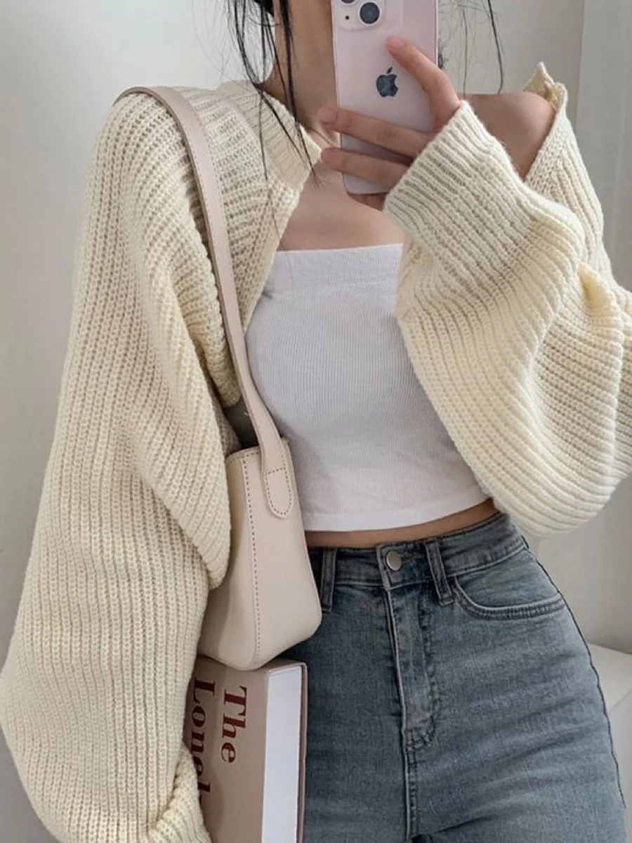 Женский вязаный укороченный топ Y2k винтажный Кардиган с длинным рукавом