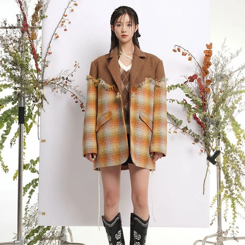 

2022 Autumn Winter New Splicing Design Suit Coat Womens Fashion Chic Woolen Blend Plaid Tassel Loose Temperament Blazers Female