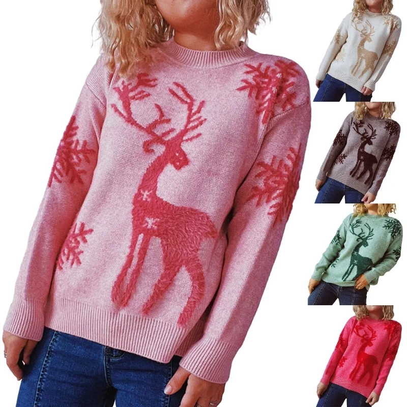 

Womens Christmas Sweater Loose Knitwear Long Sleeve Neck Nitted Pullover