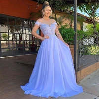 charming blue a line off shoulder evening dress 2022 lace women prom party dresses see through back formal prom gowns