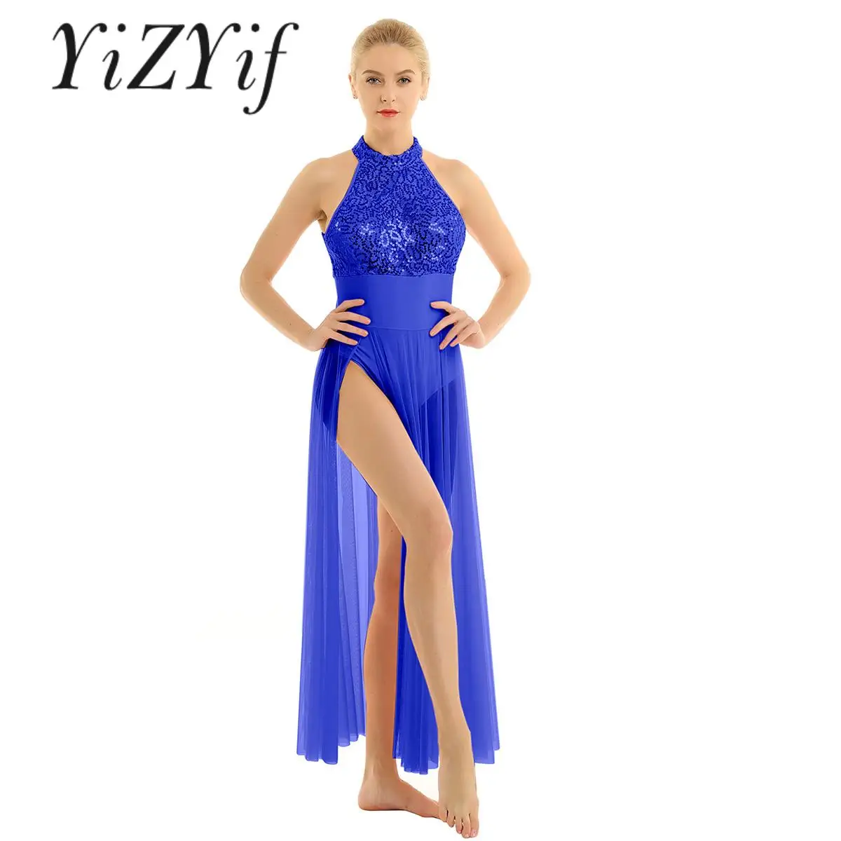 

Women Lyrical Dance Costume Sleeveless Halter Sequined Mesh Maxi Ballet Dance Dress Modern Contemporary Dress Stage Performance
