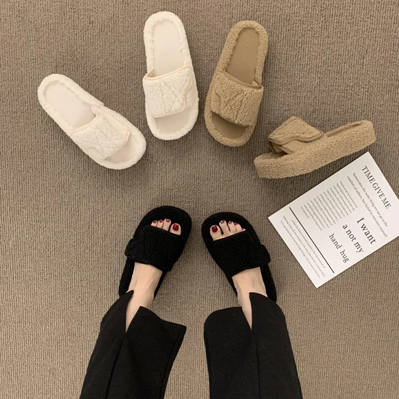 Big Size Home Slippers Women's Med Fur Shoes Slides Platform Flock Massage Plush Flat Rome Rubber Fabric PU Hook & Loop Home Sli