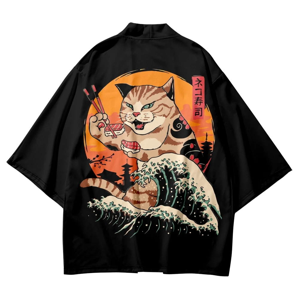 

New Arrival Japanese Style Black Cat Print Traditional Kimono Men Yukata Cardigan Cosplay Haori Oversized Streetwear Samurai Top