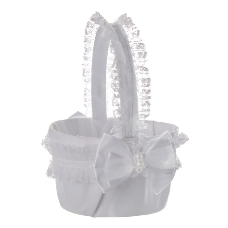 

Flower Basket with Lace Handle Bows Decor for Wedding Ceremony Anniversary Small White Satin Flower Girl Baskets