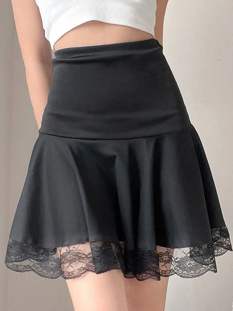 

Gothic Lace Patchwork Y2K Skirt Women Streetwear Fashion Sexy Black Mini Skirts Dark Aesthetic High Waist A Line Skirt New