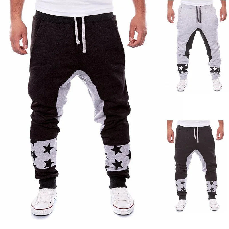 

Men Pants Trousers Spring Autumn Star Print Stitching Loose Sports Pencil Pants Streetwear Men Mid Waist Lace-up Harem Pants