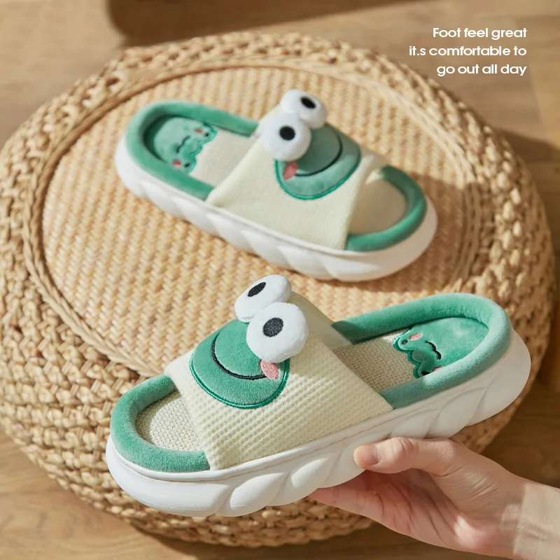 Linen Slippers Cute Frog Indoor Non-slip Thick Bottom Spring And Summer Cotton Linen Sandals And Slippers Home Slippers