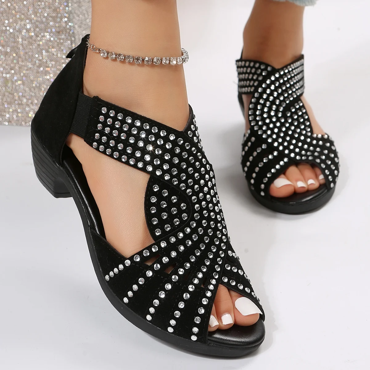 2022 new fashion comfortable dance sandals women's rhinestone zipper crystal indoor shoes women's open-toe shoes