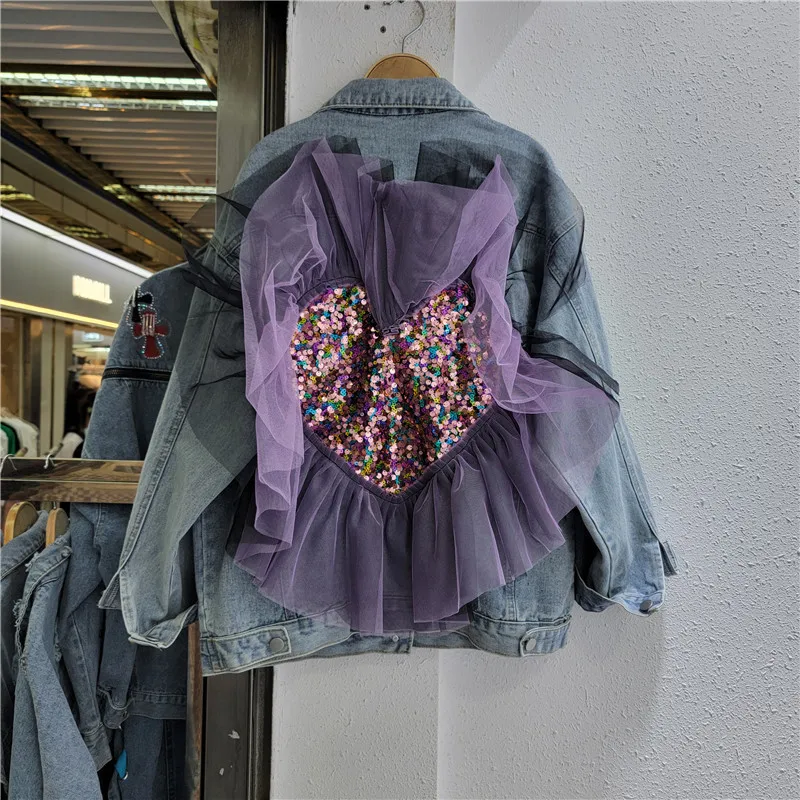 

Sequin Heart Pattern Mesh Patchwork Denim Vest Women Short Sleeveless Cowboy Coat Spring Casual Lapel Jean Waistcoat Streetwear