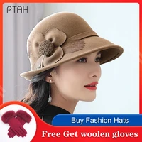 ptah 2021 fedoras hats for women wedding hat temperament elegant church autumn winter flower hats caps 100 wool high quality