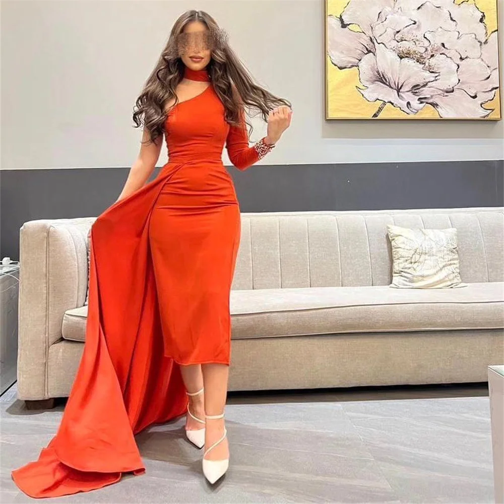 

GORGA Fashion One Shoulder Full Sleeve Pleat Mermaid Long Evening Dress Tea Length Sweep Train Elegant Formal Prom Gown New 2023