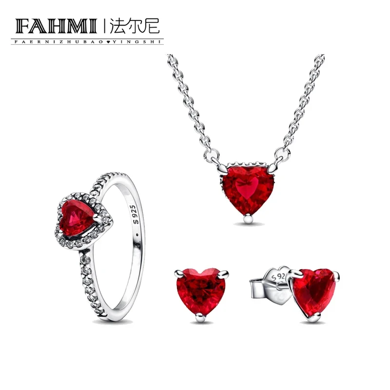 

925 Sterling Silver Ring Necklace Stud Earrings Ruby Red Sparkling Statement Heart Jewelry Set For Women Valentine's Day Gift