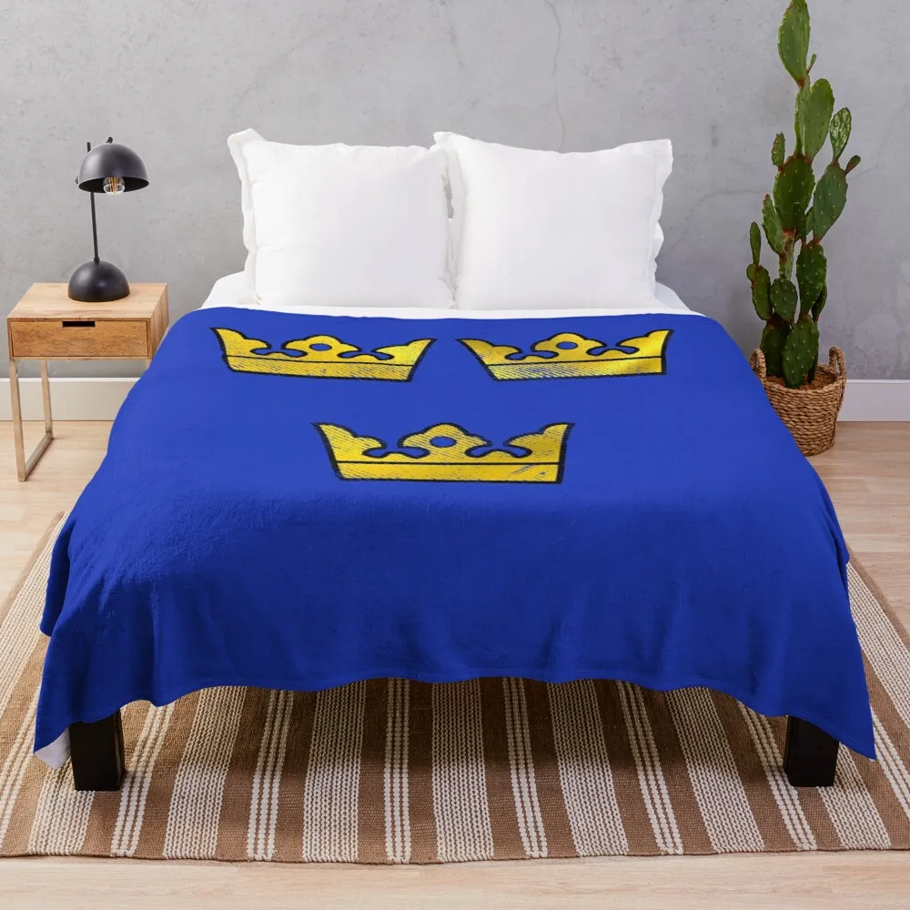 

3 Three Crowns Tre Kronor of Sweden Swedish Coat of Arms Distressed Throw Blanket