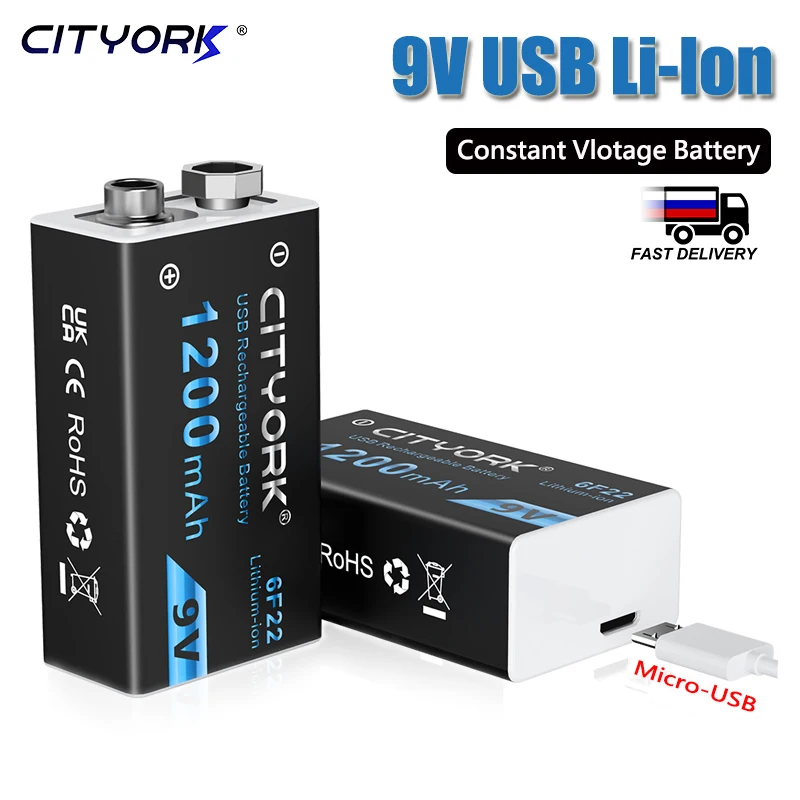 

CITYORK 1200mAh Micro USB 9V Battery Rechargeable 9Volt Li-ion 6F22 Lithium Battery for Metal Detector Multimeter Microphone Toy