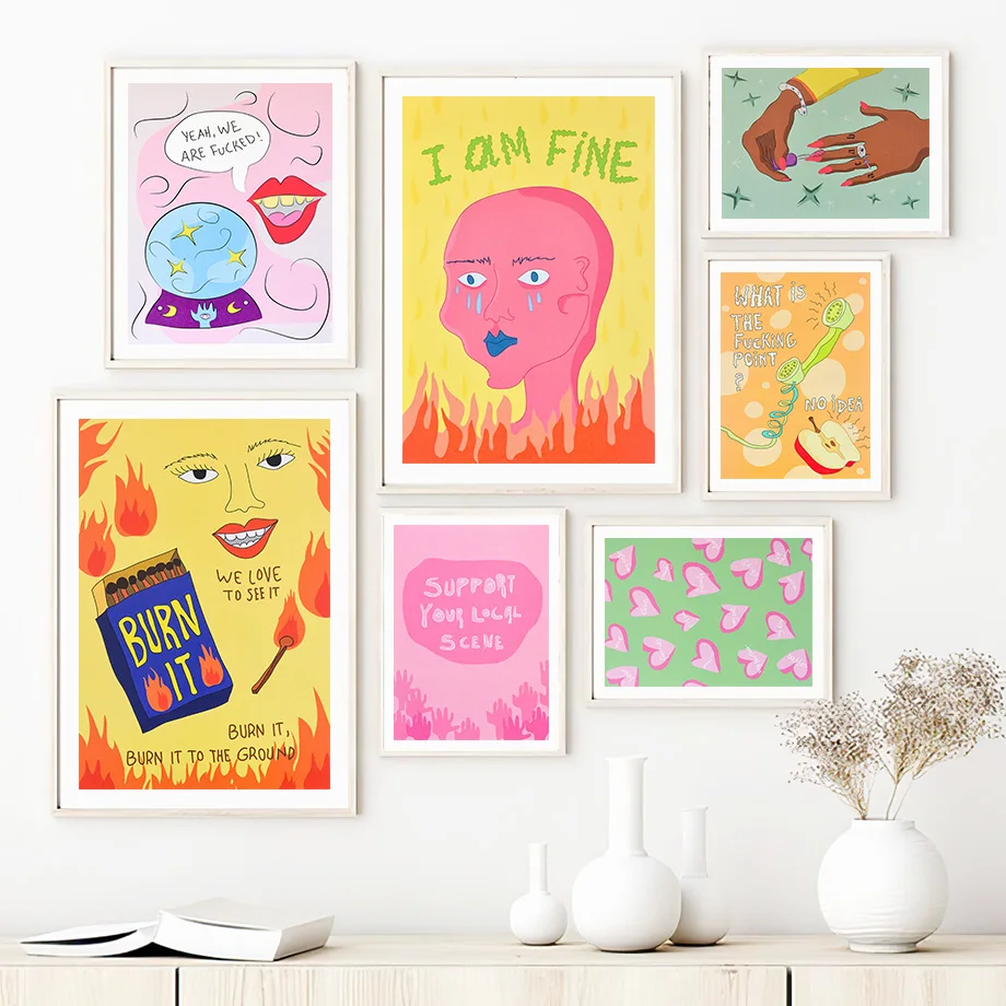 

Girl Power Rainbow Heart Hamburger Pink Devil Crystal Ball Wall Art Canvas Painting Nordic Posters Picture Living Room Decor