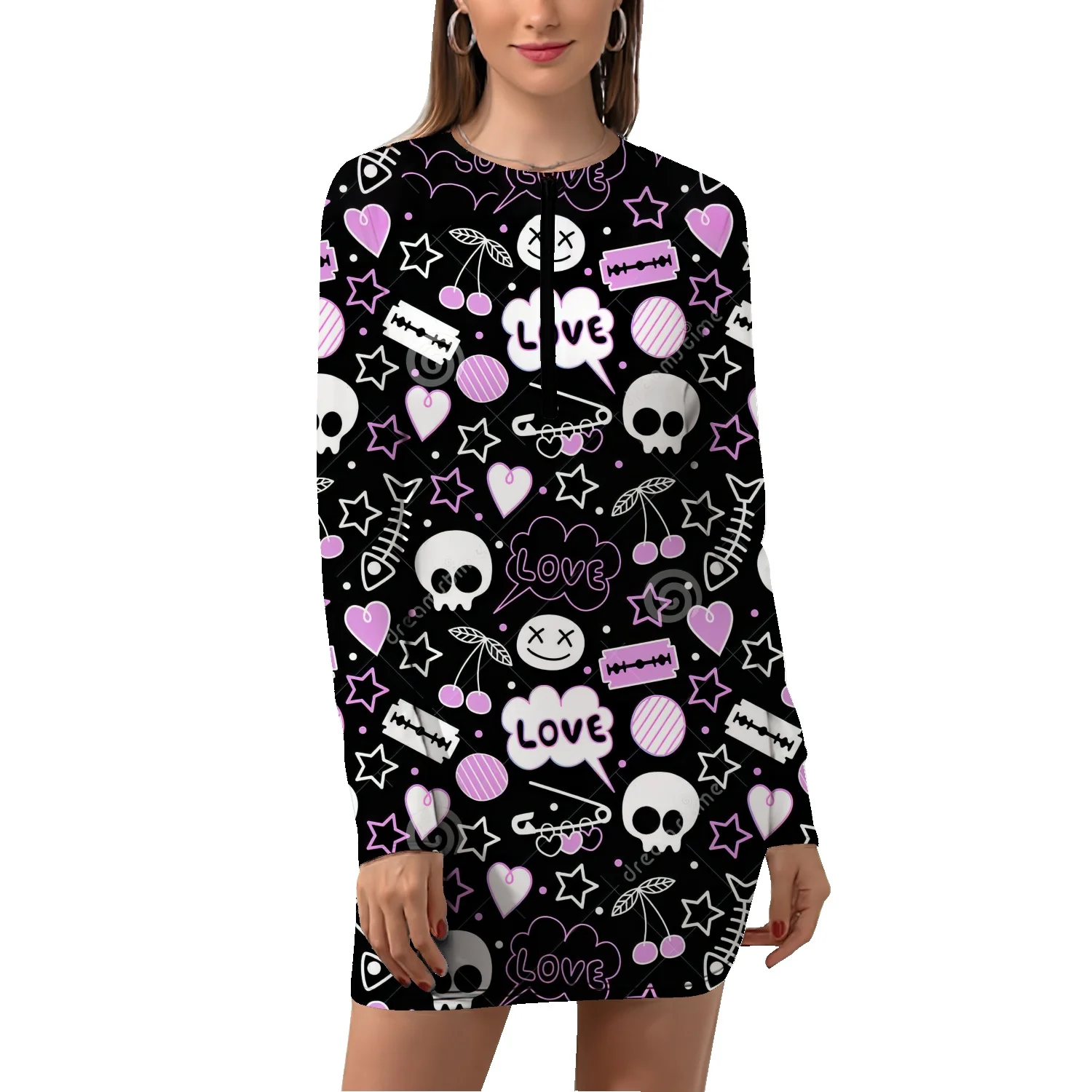 

Женская Повседневная юбка с длинными рукавами, облегающий спортивный пуловер на молнии с черепами, цветами, страшными романтиками, коротка...