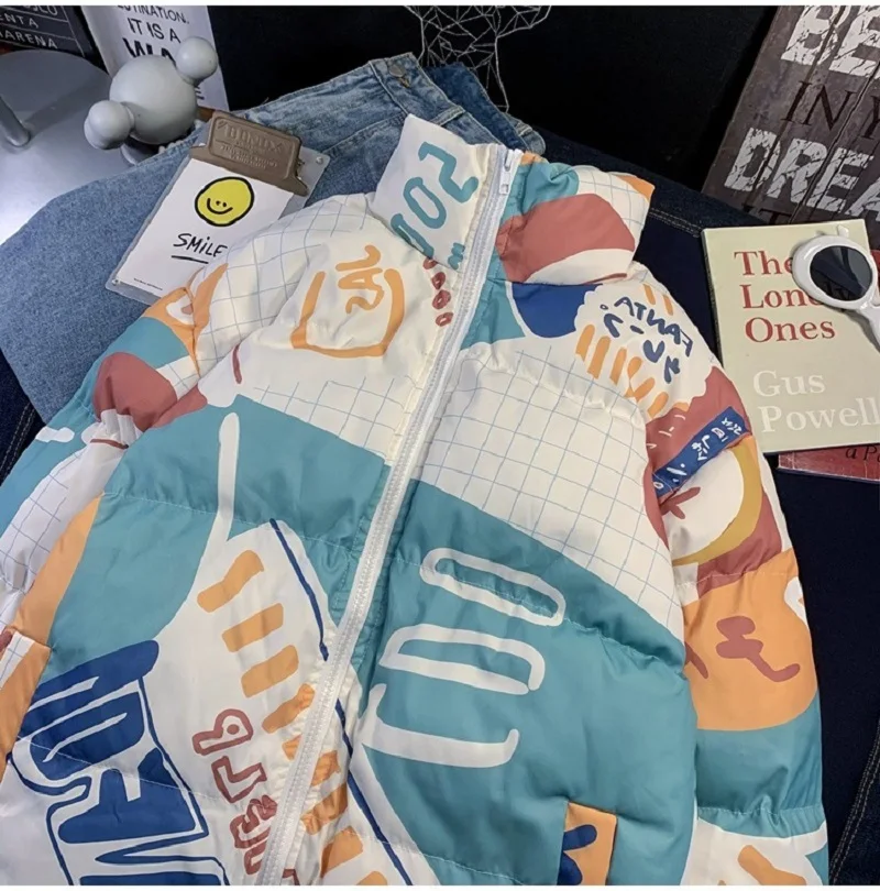 2022 New Winter Double-sided Parkas Harajuku Solid Color Print Cartoon Unisex Winter Jackets for Men Streetwear Women Coat Zip