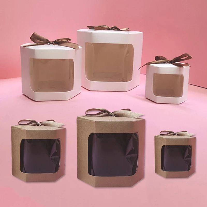 Es Cake Paper Boxes Clear Window With Ribbon Kraft Wedding Birthday Party Dessert Candy Biscuits Bag Decor