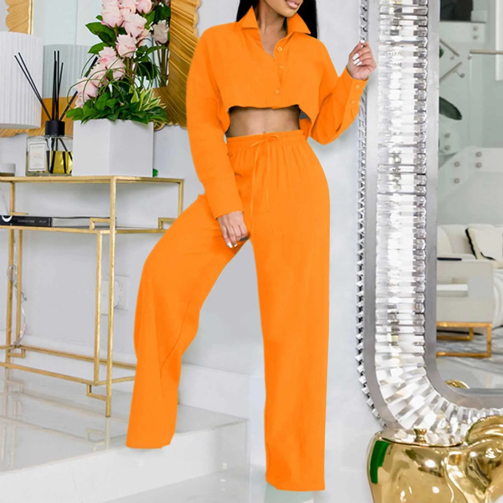 

Праздничные брючные костюмы для женщин, чувственная Мода, простая однотонная короткая рубашка с длинным рукавом, брюки с широкими штанинами, повседневный костюм