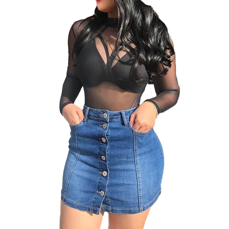 

Deep Blue Single Breasted Hip Women's Skirt New Fashion Hip Lifting Female Half Length Denim Mini skirts Street Hipster Style