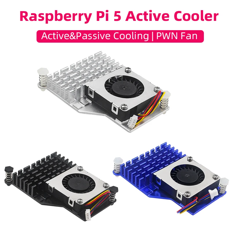Фото Raspberry Pi 5 Active Cooler, алюминиевый радиатор PWM, Регулируемый Вентилятор скорости, черный, серебристый, синий, Охлаждающий радиатор для RPI 5 Pi5 №1