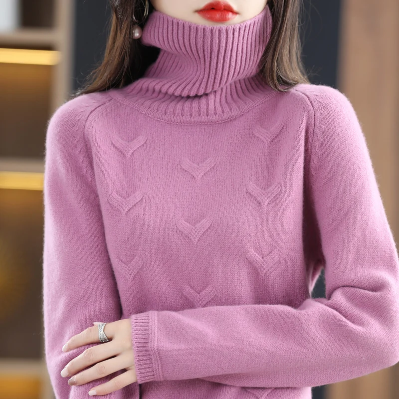 

High-End Autumn Winter Double Thickened Loose Turtleneck Sweater Women's 100% Pure Wool Knitted Pullover Girl Clothes Outwea