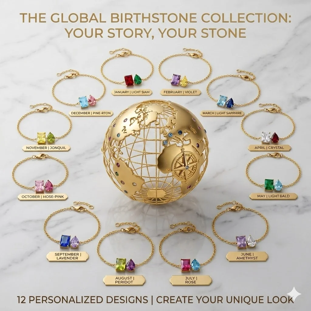 Фото Браслет St-Delan 12 Birthstone — формы капли и квадрата, из нержавеющей стали с 14-каратным золотым покрытием и цирконием №1