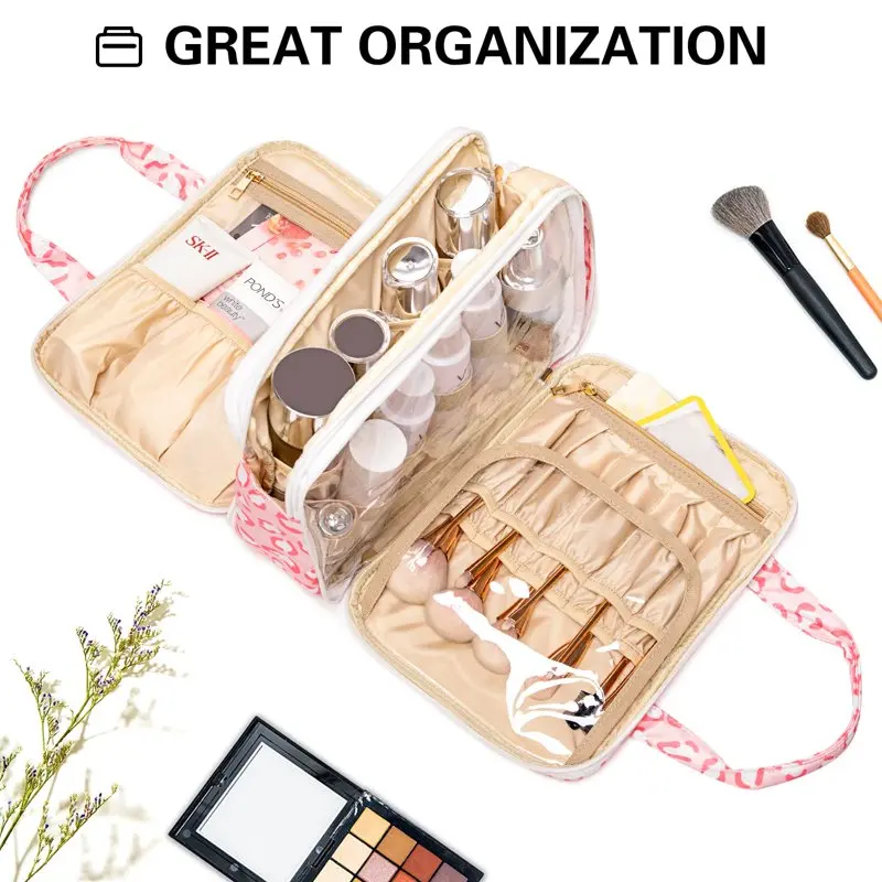 Travel Toiletry Bag, Portable Makeup Organizer Stand Up Cosmetic Bag, Pink