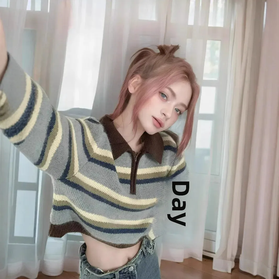 Новинка 2024 винтажный дизайн чувственный цветной полосатый свитер на молнии с