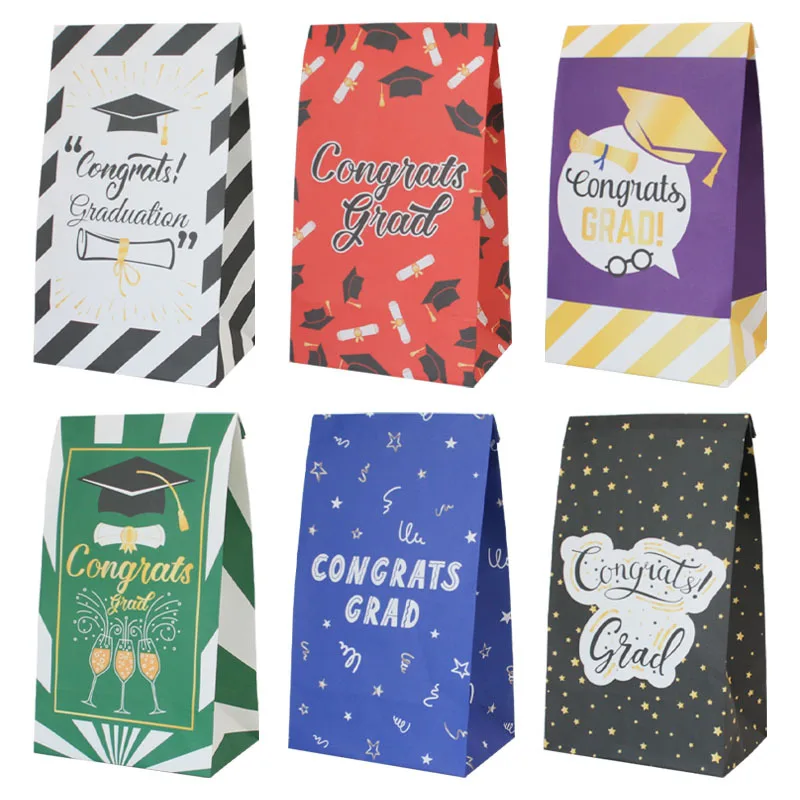 

24pcs Graduation Season Theme Food Oil Resistant Kraft Paper Bags with Sticker Multiple Styles Gift Bags Packaging for Party Dec